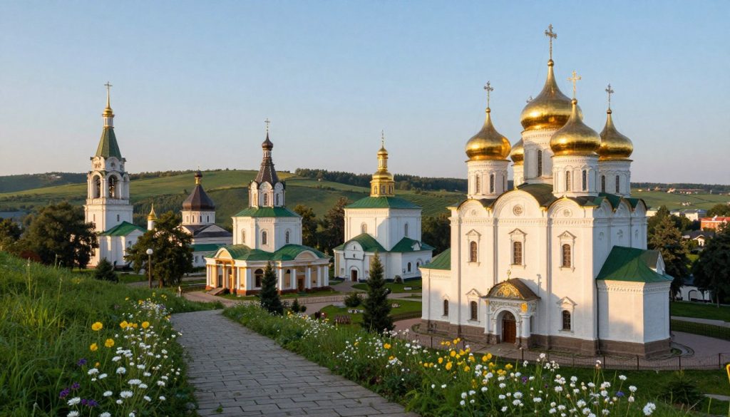 A serene landscape featuring historical Ukrainian temples, showcasing the intricate architecture of Orthodox, Catholic, and eclectic styles. In the foreground, a stone pathway lined with wildflowers leads towards a grand temple with golden domes shimmering in the soft morning light. The middle ground displays an array of beautifully preserved temples, each with unique designs and surrounded by lush greenery. In the background, gentle hills rise under a clear blue sky, adding depth to the scene. The lighting is soft and warm, evoking a sense of tranquility and reverence. Capture this scene from a slightly elevated angle to reveal both the details of the temples and the surrounding landscape, creating a peaceful atmosphere that reflects the essence of spiritual tourism in Ukraine.