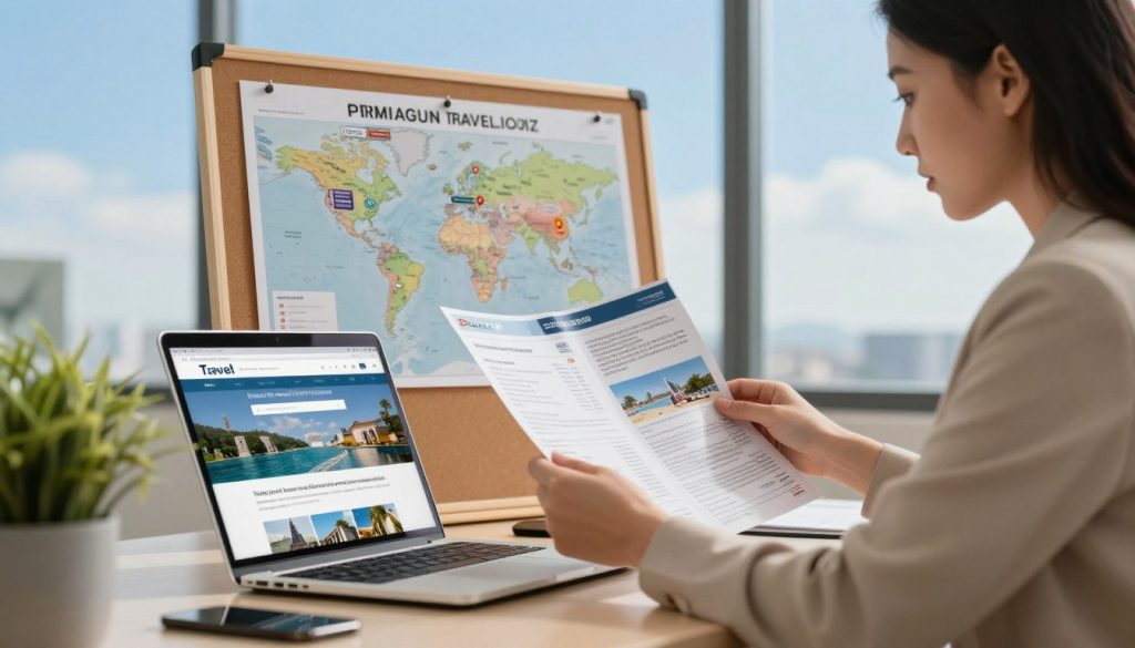 A serene office environment with a professional woman in business attire reviewing travel brochures at a desk, illuminated by warm, soft lighting. In the foreground, an open laptop displays a website with safety tips for travelers, while a plant adds a touch of vibrancy. In the middle ground, a map of potential travel destinations is pinned to a corkboard, showcasing popular tourist spots with safety annotations. The background features a window with a view of a clear blue sky, symbolizing reassurance and openness. The atmosphere is calm and focused, conveying a sense of reliability and professionalism in travel planning, emphasizing the importance of safety and avoiding scams in the travel industry.