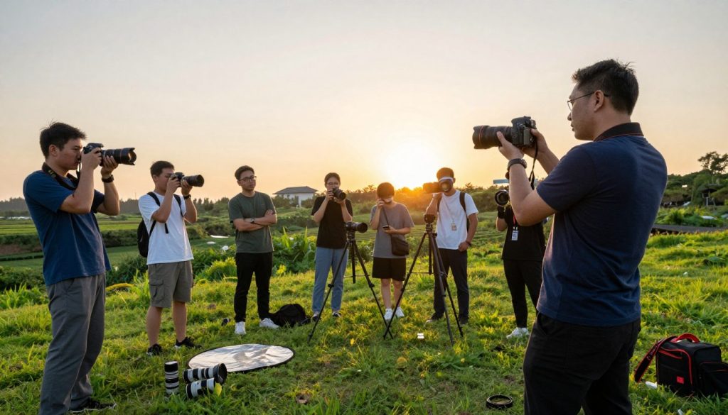 A serene outdoor photography workshop scene capturing a diverse group of amateur photographers engaged in learning from a professional instructor. In the foreground, the instructor, a middle-aged man in a smart casual outfit, demonstrates camera techniques, holding a DSLR camera, with enthusiastic students of various ages and backgrounds attentively watching. In the middle ground, tripods are set up with different photography gear, such as lenses and reflectors scattered on a grassy area. The background features a lush, vibrant landscape, with a setting sun casting warm golden light over the scene, enhancing the atmosphere of creativity and collaboration. The shot is taken from a low angle, emphasizing the learning process while showcasing the picturesque surroundings. The mood is inspiring and inviting for budding photographers.