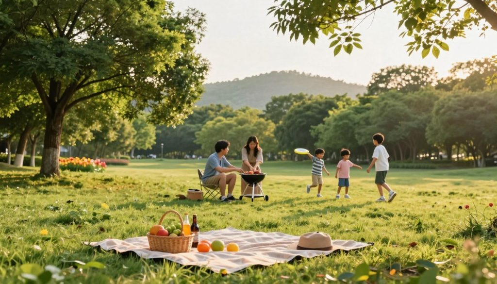 A serene park setting during golden hour, showcasing a family preparing for a day of relaxation. In the foreground, a picnic blanket is spread out, featuring a basket filled with fresh fruits and beverages. The middle ground features a couple setting up a portable grill, while children play with a frisbee nearby. Lush green trees frame the scene, with hints of colorful flowers dotting the landscape. In the background, gentle hills rise under a soft, warm sunlight, creating a peaceful atmosphere. The composition is captured from a slightly elevated angle to include both the people and the natural beauty around them, evoking a sense of tranquility and joy in outdoor activities. The mood is cheerful and inviting, perfect for enjoying nature.