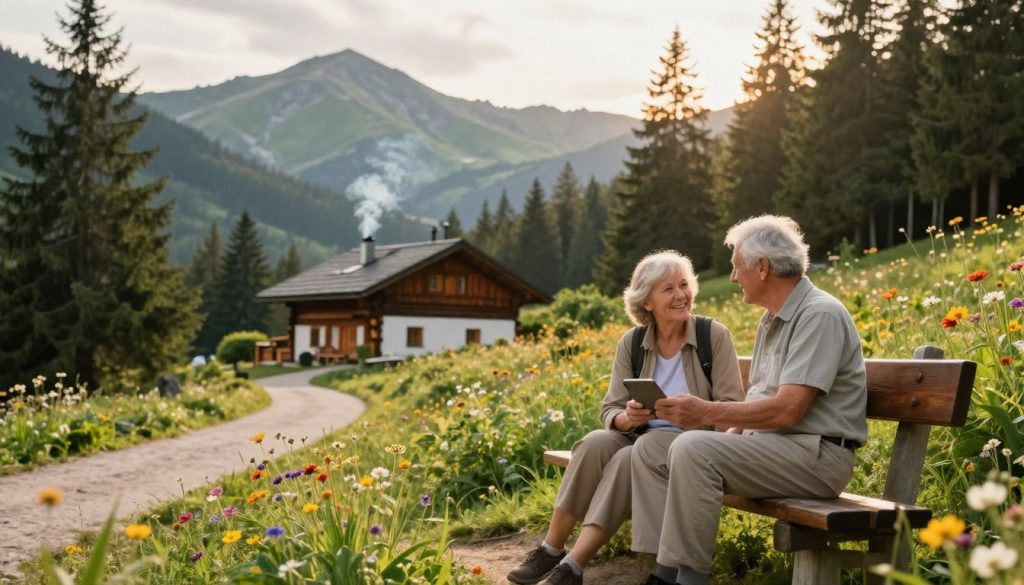 A serene scene of elderly tourists enjoying a relaxing holiday in the Carpathian Mountains. In the foreground, an older couple dressed in comfortable, casual clothing sits on a wooden bench, smiling and sharing a light moment surrounded by lush greenery and vibrant wildflowers. In the middle ground, a gentle hiking path leads toward a quaint wooden lodge with smoke curling from the chimney, surrounded by towering pine trees and the majestic peaks of the Carpathians in the background, bathed in warm, golden sunlight. Soft, diffused lighting enhances the peaceful atmosphere, evoking a sense of tranquility and adventure. The image captures the spirit of wellness and exploration, ideal for older travelers seeking nature and comfort in their excursions.