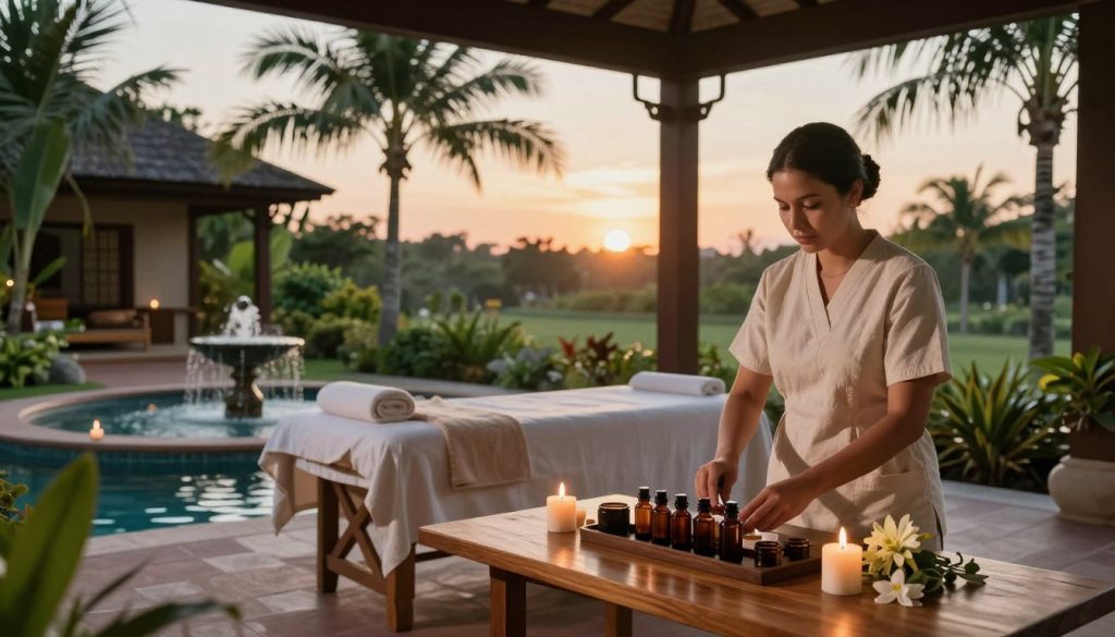 A serene spa resort setting, depicting a tranquil outdoor area with lush greenery and calming water features. In the foreground, a professional spa therapist in modest attire prepares aromatic essential oils on a wooden table, surrounded by candles and fresh flowers. The middle ground features a peaceful massage area with a comfortable treatment bed, draped in soft linens, and a backdrop of gentle fountains flowing. In the background, a picturesque landscape includes elegant palm trees and a horizon bathed in the warm glow of sunset, creating a soothing ambiance. Soft, natural lighting enhances the overall peaceful atmosphere, while the overall composition evokes relaxation and wellness, suitable for highlighting spa services and treatments.