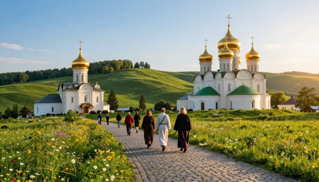 A serene view of Ukraine's sacred monasteries, nestled in lush green hills under a clear blue sky. In the foreground, a cobblestone path leads to a historic monastery with golden domes, surrounded by vibrant wildflowers. The middle ground features a group of modestly dressed pilgrims walking slowly, absorbing the spiritual atmosphere. In the background, rolling hills and ancient trees create a tranquil setting, while the sun casts warm, golden light, enhancing the sacredness of the scene. A gentle breeze adds a sense of peaceful movement. The composition is shot from a slightly elevated angle to capture the pathways leading to the monasteries, emphasizing the journey of faith and reflection. Soft shadows and light reflections create a calming mood, inviting viewers to appreciate the spiritual essence of these holy sites.