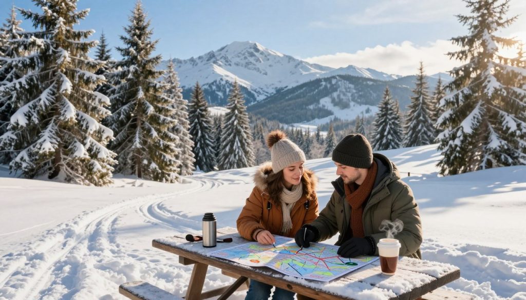 A serene winter landscape in the Carpathians, showcasing a couple dressed in modest winter clothing, engaged in planning their ski holiday over a map spread out on a snow-covered picnic table. In the foreground, detail the map with ski resort icons, alongside a steaming thermos of hot cocoa. In the middle ground, depict tall, majestic pine trees laden with fresh snow, with faint ski tracks winding through the untouched snow. In the background, capture the snow-capped peaks of the Carpathians under a clear blue sky, bathed in the warm glow of a low winter sun, creating a cheerful and inviting atmosphere perfect for winter excursions. The scene should evoke feelings of adventure and tranquility.