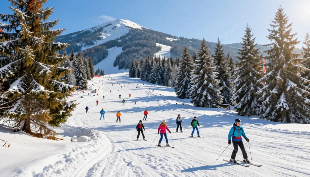 A snow-covered ski resort nestled in the Carpathian Mountains, showcasing a variety of ski trails of different difficulty levels. In the foreground, vibrant alpine trees dusted with snow frame the scene. The middle ground features skiers of diverse skill levels gracefully navigating the slopes, dressed in colorful winter attire, creating a lively atmosphere. In the background, towering mountains rise under a bright, blue sky, highlighting the crisp winter air. Soft sunlight filters through the trees, casting sparkling reflections on the snow. The mood is cheerful and energetic, inviting viewers to explore the beauty and excitement of skiing in Ukraine. The image captures the essence of a picturesque winter wonderland, perfect for winter sports enthusiasts.