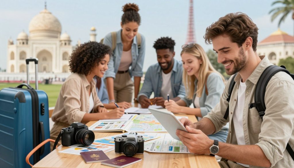 A split image comparing individual and group travel experiences. In the foreground, a smiling individual traveler is checking their itinerary on a tablet, dressed in smart casual attire, surrounded by a scenic backdrop of famous landmarks. On the opposite side, a diverse group of four friends, all in business casual clothing, are joyfully discussing their plans around a table with travel brochures and maps. In the middle ground, blend vibrant travel elements like suitcases, cameras, and passports. The background features iconic global destinations, softly blurred to enhance focus on the travelers. Warm, inviting lighting creates a cheerful atmosphere, captured with a moderately wide-angle lens to convey a sense of connection and adventure between the two travel styles.