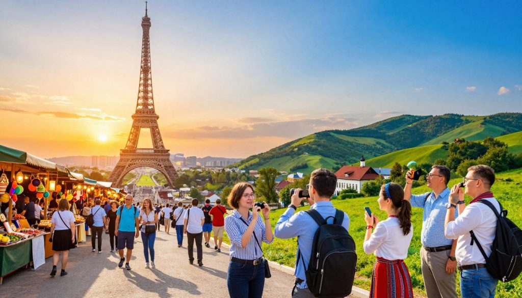 A split-scene image showcasing successful travel tours, with the left side depicting popular foreign destinations featuring iconic landmarks like the Eiffel Tower and a vibrant market scene basked in warm sunset light. On the right side, depict a lush Ukrainian landscape with rolling hills, traditional architecture, and local culture elements, under a clear blue sky. In the foreground, include tourists in professional attire enjoying the tours, capturing photographs and interacting with locals enthusiastically. The middle ground should blend the two scenes harmoniously, while the background displays a captivating sunset gradient merging from warm tones to cool blues. The overall mood should be vibrant, inviting, and inspirational, highlighting the allure of both international and Ukrainian travel experiences.