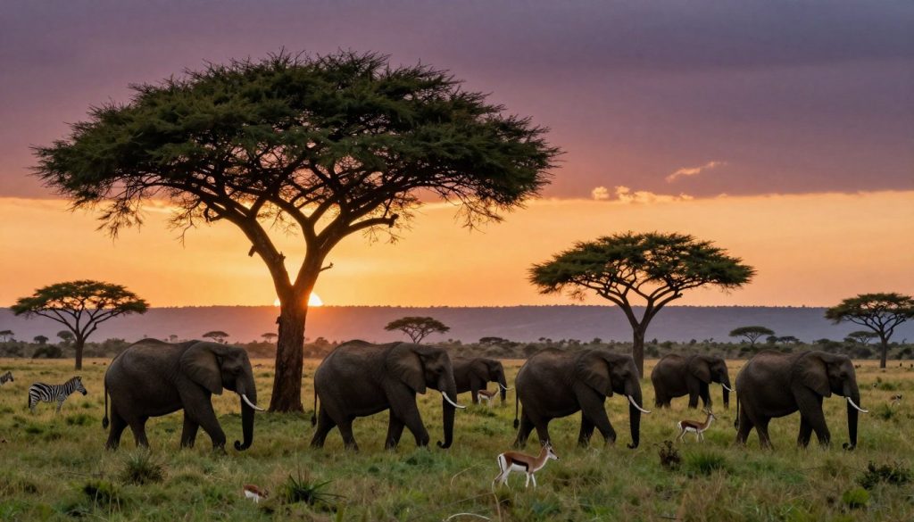 A stunning African landscape showcasing the best safari locations, featuring a vibrant savannah with acacia trees and a golden sunset illuminating the horizon. In the foreground, a group of majestic elephants gracefully roam, their silhouettes highlighted by the warm light. In the middle ground, a variety of wildlife, including zebras and antelopes, can be seen grazing on the lush grass. The background reveals distant hills and a colorful sky transitioning from orange to deep purple as day turns to night. Capture this scene from a slight elevation, emphasizing the vastness of the terrain. The atmosphere should evoke a sense of adventure and tranquility, embodying the breathtaking beauty of nature in a serene moment.