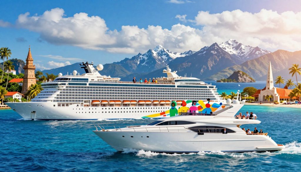 A stunning collage of cruise routes and yachting destinations portrayed in a vibrant maritime scene. In the foreground, a sleek luxury yacht sails gracefully across crystal-clear azure waters, with passengers in professional attire enjoying the view. The middle ground features a colorful cruise ship, dotted with cheerful travelers on deck, capturing the excitement of cruising. Surrounding this are various iconic landmarks and tropical islands under a radiant blue sky, with fluffy white clouds casting gentle shadows. In the background, snow-capped mountains rise majestically, hinting at adventurous routes. The composition is illuminated by warm sunlight, creating a joyful and adventurous atmosphere, ideal for showcasing cruising and yachting experiences. This image captures the essence of vibrant sea travel and exploration.