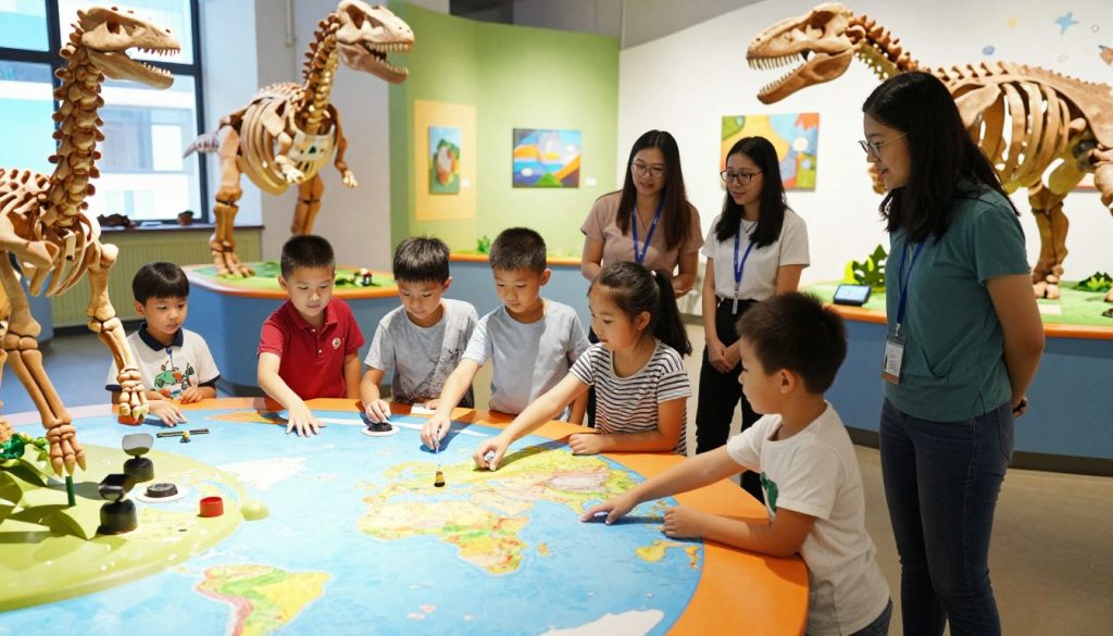 A vibrant and engaging children's museum scene, showcasing a colorful and interactive exhibition space. In the foreground, a group of children ages 6-10, dressed in casual yet modest clothing, are joyfully exploring hands-on science exhibits, such as a large, interactive dinosaur skeleton and a colorful world map where they can touch and learn. The middle ground features knowledgeable, friendly staff members assisting the children, creating a welcoming atmosphere. The background displays bright, playful artwork and impressive sculptures that captivate young minds. Soft, natural lighting floods the room, enhancing the cheerful mood. The angle is slightly elevated to capture the excitement and movement within the museum, inviting viewers to experience the joy of learning.