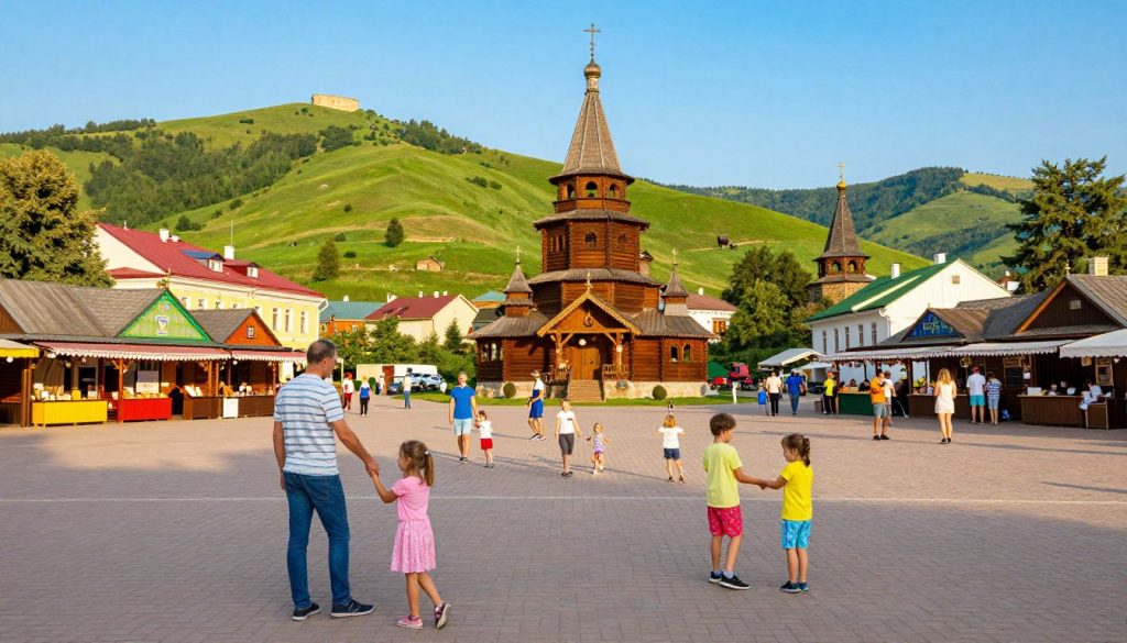 A vibrant and inviting scene showcasing popular tourist destinations in Ukraine, perfect for families with children. In the foreground, a diverse group of families joyfully exploring a historic city square, children playing and interacting. The middle ground features iconic Ukrainian architecture, such as traditional wooden churches and colorful market stalls, bustling with activity. In the background, rolling green hills and a clear blue sky enhance the idyllic atmosphere. Warm, natural lighting casts a cheerful glow over the scene, creating a welcoming ambiance. Use a slightly wide-angle lens to capture the lively interaction between families and the picturesque surroundings, emphasizing the charm and appeal of Ukrainian tourism for family excursions.