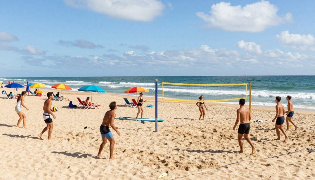 A vibrant beach scene capturing the essence of active beach recreation. In the foreground, a diverse group of people in modest casual clothing engage in various activities like beach volleyball, paddleboarding, and jogging along the shoreline. The middle ground features colorful beach umbrellas and sun loungers with families enjoying their time together. In the background, a picturesque ocean waves gently lap against the shore under a bright blue sky scattered with fluffy white clouds. The sunlight casts a warm, inviting glow over the scene, enhancing the lively atmosphere. The angle should be slightly elevated to encompass the depth of activity, creating a sense of energy and enjoyment synonymous with modern beach holidays. The overall mood is upbeat and cheerful, perfect for showcasing vibrant beach leisure trends.