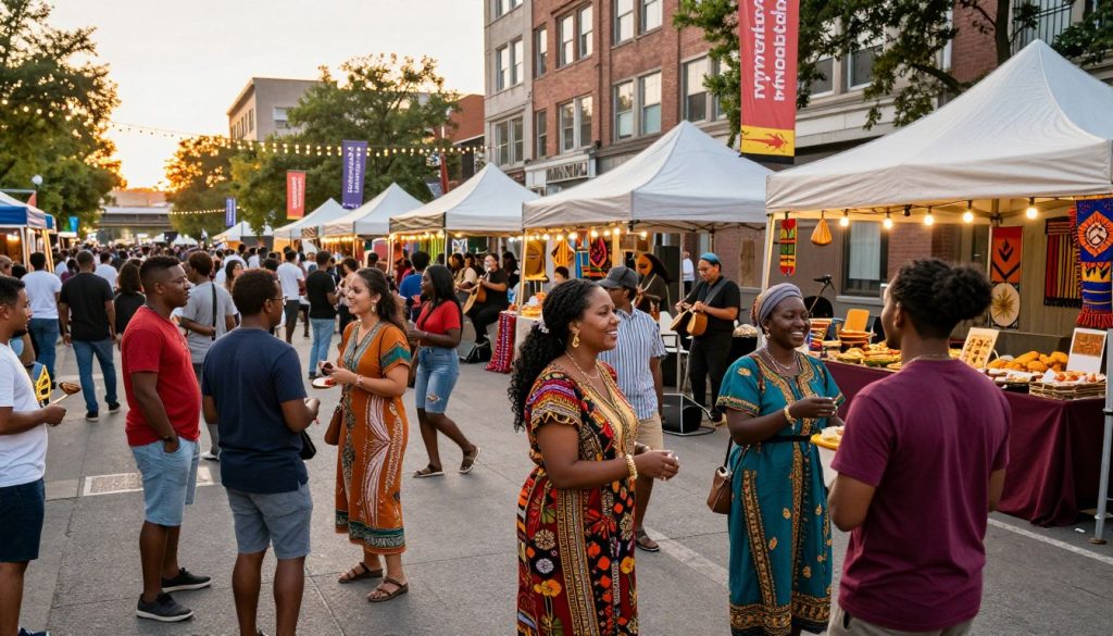 A vibrant city festival scene in a diverse urban setting, capturing the essence of modern cultural celebrations. In the foreground, groups of people from various ethnic backgrounds are joyfully interacting, wearing colorful traditional and modest casual outfits. The middle ground features stalls with cultural artifacts, food vendors serving international cuisines, and live musicians playing traditional instruments. In the background, city architecture with decorative lights and banners, reflecting a festive atmosphere, sets the scene. The sun sets, casting a warm, golden glow over the gathering, enhancing the cheerful mood. Use a wide-angle lens to emphasize the lively interactions and festivities, creating an inviting and inclusive ambiance.