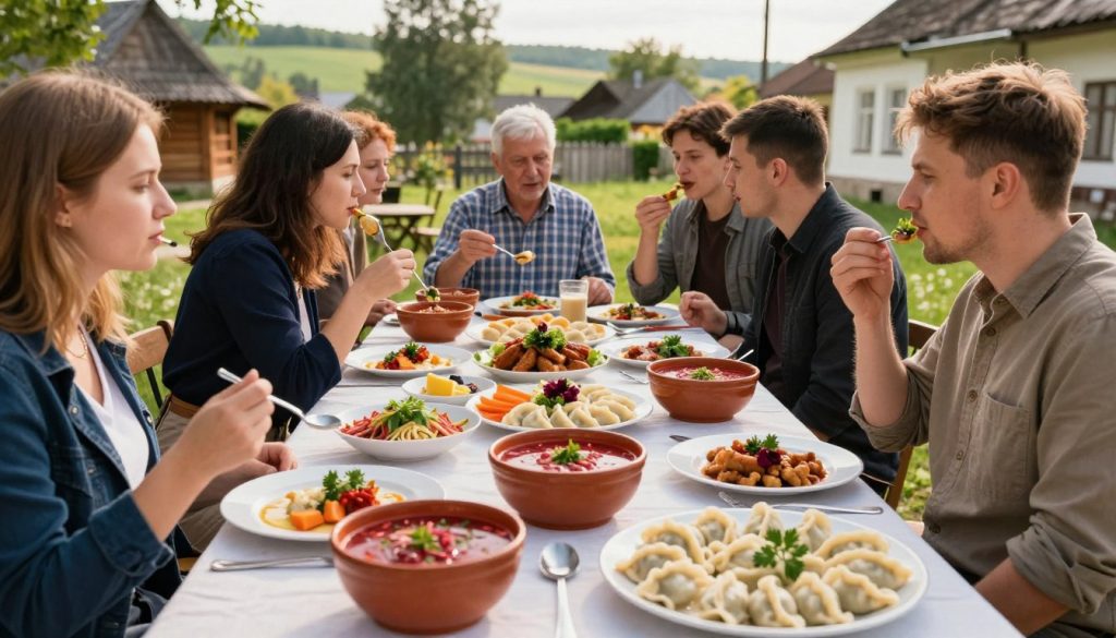 A vibrant culinary scene depicting a gastronomic tour in Ukraine. In the foreground, a beautifully arranged table filled with traditional Ukrainian dishes like borscht, varenyky, and holodets, showcasing vibrant colors and intricate garnishes. In the middle ground, a diverse group of food enthusiasts, dressed in smart casual clothing, engaging in conversation and savoring the flavors, creating an inviting and lively atmosphere. In the background, a sunlit Ukrainian village with rustic architecture and lush greenery, conveying a sense of exploration and discovery. The lighting is warm and soft, emphasizing the freshness of the food while creating a cozy ambiance. The angle is slightly elevated, capturing the dynamic interaction among the guests and the delightful presentation of the dishes.