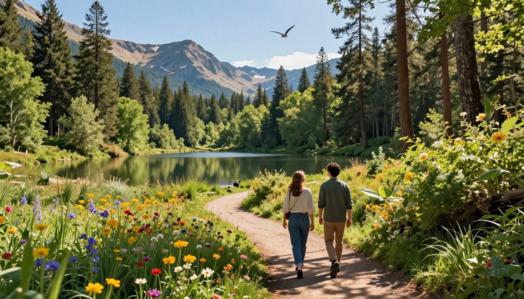 A vibrant ecotourism scene in a national park, highlighting diverse natural beauty. In the foreground, a professional couple in modest casual clothing strolls along a winding trail surrounded by lush greenery, with colorful wildflowers blooming nearby. The middle ground features a serene lake reflecting the surrounding mountains and dense forests, with birds soaring overhead. The background showcases towering pine trees under a clear blue sky, with soft, warm sunlight filtering through the leaves, creating dappled shadows on the path. The atmosphere is peaceful and inviting, capturing the essence of nature and the joy of outdoor exploration in harmony with the environment.