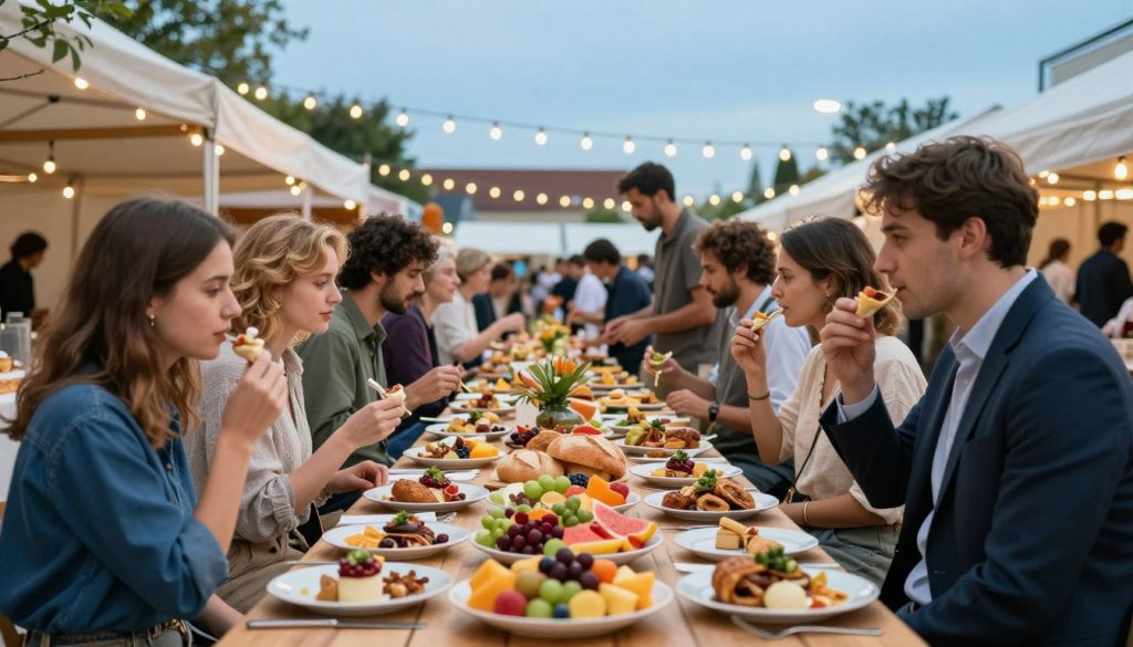 A vibrant gastronomic festival scene, showcasing a bustling outdoor market filled with local delicacies and traditional dishes. In the foreground, a long wooden table laden with colorful plates of gourmet foods, fresh fruits, and artisanal breads, surrounded by people in smart casual attire enjoying tastings and engaging in conversation. The middle ground features vendors displaying their culinary creations, with lively interactions and hands-on demonstrations. In the background, festive decorations and string lights create a warm atmosphere, under a clear blue sky. Soft, natural lighting enhances the inviting mood of the scene, while a shallow depth of field keeps the focus on the food and the joyous interactions of the attendees. No text or logos are present in the image.