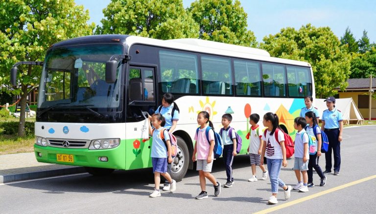 A vibrant scene depicting a colorful bus designed for transporting children to a summer camp, parked outside a picturesque camp setting. In the foreground, smiling children, aged 7 to 12, are ready to board the bus, wearing casual, comfortable clothing, and carrying backpacks filled with camp gear. The middle ground features the bus prominently, with cheerful camp-themed decorations, while staff members wearing matching uniforms assist the children with boarding. In the background, lush green trees and a bright blue sky set a welcoming atmosphere, with the camp building peeking through the foliage. The lighting is bright and sunny, creating a joyful and exciting mood, captured from a slightly elevated angle to emphasize the dynamic interaction between the children and the camp environment.
