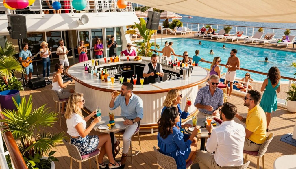 A vibrant scene of entertainment aboard a luxurious cruise ship, showcasing guests engaged in various activities. In the foreground, a group of cheerful people dressed in smart casual attire are laughing and playing games at a shaded deck area, with colorful decorations and tropical plants around. The middle layer features a lively bar serving exotic cocktails, where bartenders are skillfully mixing drinks, while others enjoy live music from a small band performing nearby. In the background, the cruise ship's expansive pool gleams under the warm sun, with families swimming and relaxing in loungers. Bright, natural lighting casts playful shadows, creating a joyful and inviting atmosphere, captured with a wide-angle lens to encapsulate the bustling energy of the onboard experience.