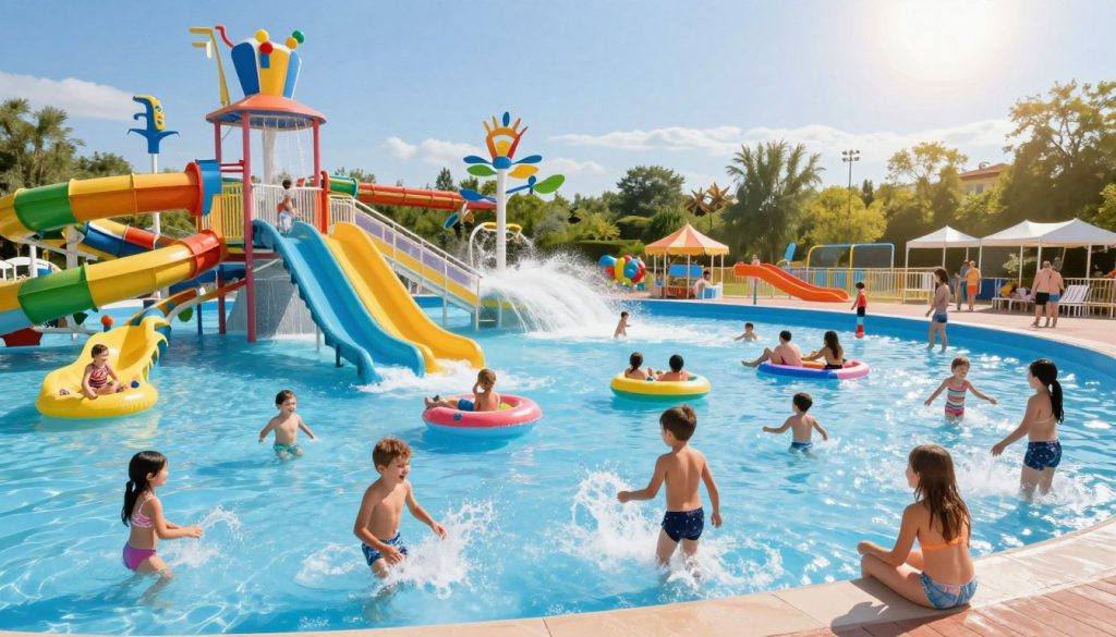 A vibrant summer scene showcasing water attractions in Ukraine, featuring a large water park with colorful slides and pools filled with happy families enjoying the sun. In the foreground, children laugh as they splash water while playing with inflatable toys, wearing modest swimsuits and casual beach attire. The middle ground includes various water features, like wave pools and lazy rivers, with visitors relaxing on floating rafts and engaging in fun water games. The background reveals lush greenery surrounding the park, with clear blue skies and the sun shining bright, creating a joyful atmosphere. The image is captured from a slightly elevated angle for a captivating perspective, emphasizing the lively activities. The overall mood is cheerful and inviting, portraying Ukraine as a prime destination for water fun.