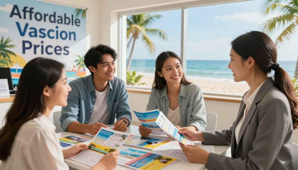 A vibrant travel agency office filled with excitement, showcasing a large promotional banner that reads "Affordable Vacation Prices." In the foreground, a friendly travel agent in professional attire is engaged in conversation with a couple, who are smiling and looking at brochures. In the middle, colorful brochures and flyers of popular travel destinations are spread across a table. The background features a large window with a sunny beach view and palm trees, enhancing the tropical vacation theme. Soft, warm lighting illuminates the scene, creating an inviting atmosphere. The angle is slightly from above, capturing the enthusiasm and satisfaction of discovering great deals on travel packages. The overall mood is optimistic and inspiring, highlighting the benefits of regular promotions and updates in the travel industry.
