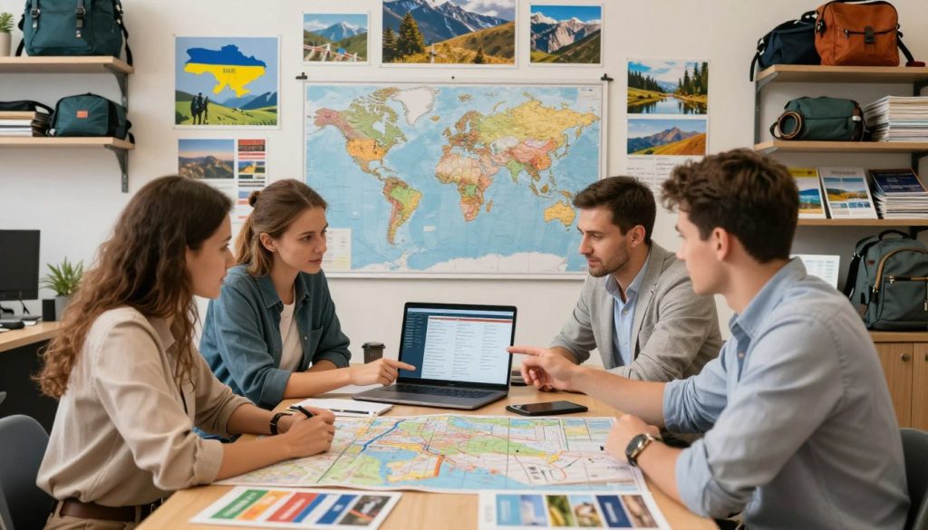 A vibrant travel agency office scene, showcasing a team of professional travel planners engaged in organizing and booking adventure tours. In the foreground, a diverse group of three individuals in smart casual attire is gathered around a large table covered with maps and travel brochures, deep in discussion and pointing at a laptop screen showing a detailed itinerary. In the middle, a large world map is pinned on the wall, surrounded by colorful posters of Ukrainian landscapes, mountains, and tourist attractions. The background features shelves filled with travel gear and pamphlets. Soft, warm lighting fills the room, creating an inviting and productive atmosphere. The camera angle is slightly elevated, providing a clear view of the collaborative environment, suggesting an atmosphere of excitement and exploration.