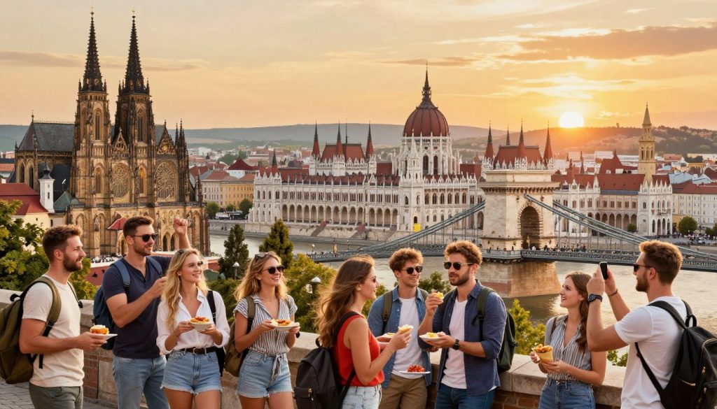 A vibrant travel scene showcasing a tour across multiple countries, highlighting iconic landmarks from Ukraine, Poland, and Hungary. In the foreground, a diverse group of travelers dressed in smart casual attire enthusiastically engages with local culture, such as trying street food and taking photos. The middle ground features famous buildings like St. Sophia's Cathedral, the Wawel Castle, and the Chain Bridge, artistically rendered with intricate details. The background shows a serene landscape of rolling hills and a sunset casting warm golden light, creating a sense of adventure and discovery. The overall atmosphere is joyful and lively, capturing the essence of exploring unique destinations, with a focus on experiences and emotions rather than mere sightseeing. The angle should be slightly elevated, providing a panoramic view that invites the viewer into the vibrant scene.