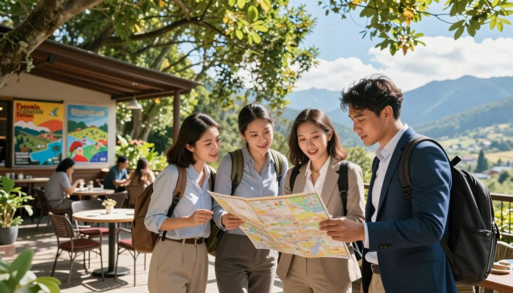 A vibrant travel scene showcasing the flexibility of customized tours. In the foreground, a diverse group of travelers, dressed in professional business attire, enthusiastically reviewing a map together, with a blend of joy and curiosity in their expressions. The middle ground features an inviting outdoor café with tables set up amidst lush greenery, hinting at various travel destinations displayed on vibrant posters. In the background, a scenic view of mountains and a clear blue sky evokes a sense of adventure. Soft sunlight filters through trees, casting dappled light on the scene, creating a warm and inviting atmosphere. The angle is slightly elevated, providing a panoramic view that emphasizes both the group and the stunning landscape. The overall mood is one of excitement and exploration.