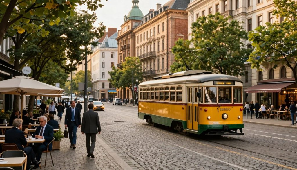 A vibrant urban landscape showcasing a historic trolleybus route winding through a city, with vintage trolleybuses painted in classic colors. In the foreground, capture the detailed textures of charming cobblestone streets, lined with leafy trees and quaint cafes, where people in professional business attire are enjoying the atmosphere. The middle ground features the trolleybus moving along the route, with its iconic design and retro signage. In the background, majestic historical buildings display architectural styles from different eras, bathed in warm afternoon light. The scene evokes a sense of nostalgia and exploration, inviting viewers to reflect on the evolution of urban adventures. The angle is slightly elevated, providing a dynamic perspective of the bustling city behind the trolleybus.