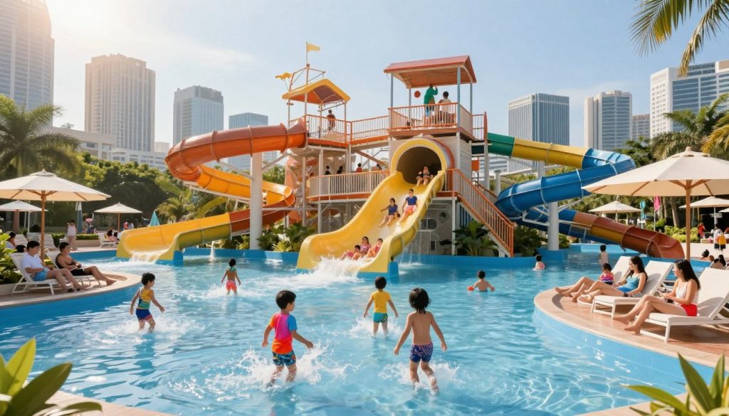 A vibrant urban water park bustling with families enjoying various water attractions. In the foreground, children in colorful casual clothing splash in a shallow pool, while adults relax on sun loungers under shaded canopies, embodying a joyful atmosphere. The middle ground features a variety of water slides twisting and turning, with excited guests gliding down them, their expressions filled with delight. In the background, a skyline of a large city with modern skyscrapers contrasts against the clear blue sky, creating a striking urban backdrop. Soft sunlight filters through the scene, casting cheerful reflections on the water's surface, enhancing the lively and fun mood of a perfect family day out at the water park.