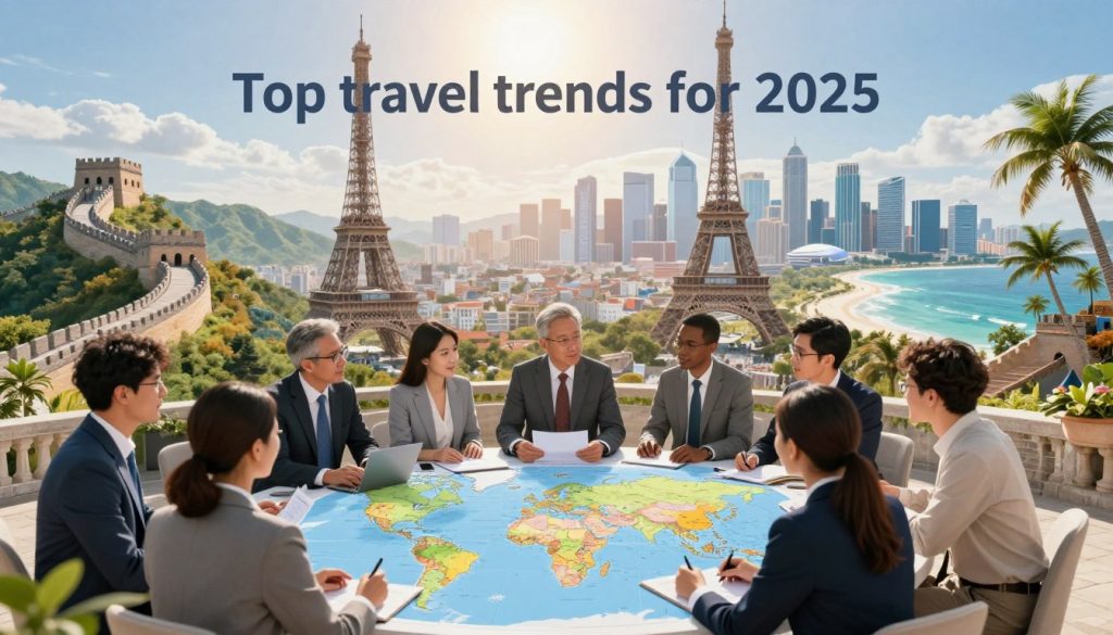 A visually engaging analysis of the top travel trends for 2025, focusing on popular vacation destinations. In the foreground, include a diverse group of professional individuals in business attire, discussing travel plans over a digital map filled with highlighted regions. The middle ground features iconic landmarks, such as the Eiffel Tower, Great Wall of China, and tropical beaches, symbolizing trending destinations. In the background, a futuristic city skyline under bright, warm sunlight reflects an optimistic atmosphere. Use a wide-angle lens to capture an expansive view that conveys excitement for travel. The overall mood should be inspiring and forward-looking, emphasizing the theme of exploration and discovery in tourism.