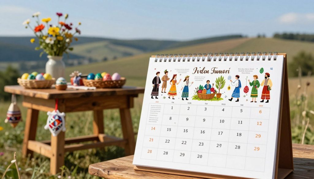 A visually engaging and informative image of a practical guide for using a calendar, featuring elements relevant to local Ukrainian holidays and traditions. In the foreground, display a beautifully designed calendar with vibrant illustrations depicting various Ukrainian festivals, such as Pysanka (Easter eggs) and Ivan Kupala (Midsummer), alongside annotations in an elegant script. In the middle, include a traditional wooden table adorned with seasonal decorations, such as wildflowers and handcrafted ornaments. The background should feature a soft-focus Ukrainian landscape, capturing the essence of nature with rolling hills and a clear blue sky. Use warm, natural lighting to create a cozy atmosphere, with a slight lens blur to emphasize the calendar as the focal point, evoking a sense of tradition and heritage.