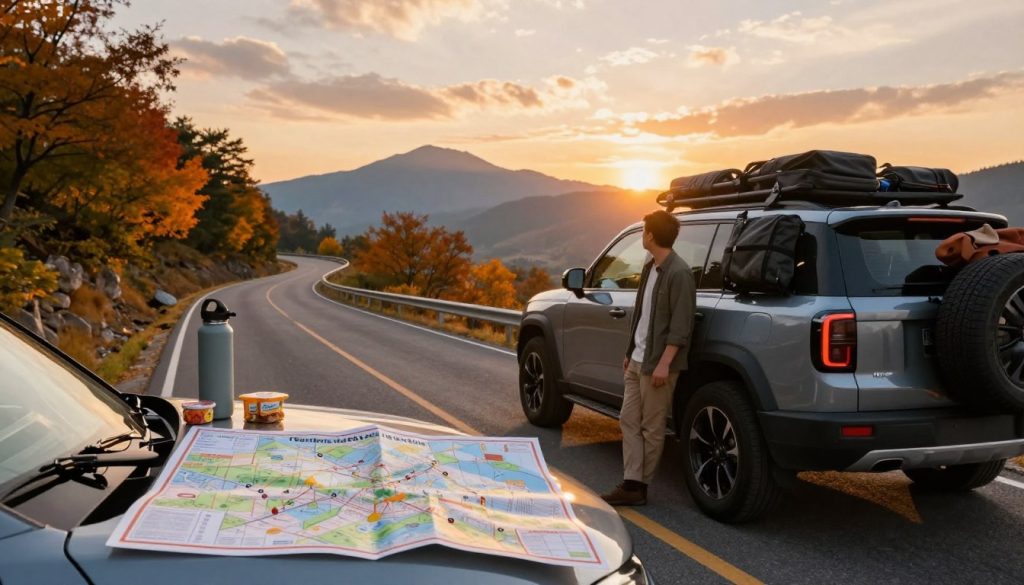 An adventurous car traveler, dressed in modest casual clothing, stands next to a stylish SUV loaded with luggage, showcasing insider tips for road trips. In the foreground, a detailed map lies open on the hood of the vehicle, surrounded by travel snacks and a reusable water bottle. The middle ground features a winding road lined with autumn-colored trees, symbolizing a scenic route, while a distant mountain range looms under a vibrant, sunset-lit sky. The atmosphere is warm and inviting, evoking a sense of freedom and exploration. The scene is captured with a wide-angle lens to emphasize the expansive landscape and the car, creating a sense of adventure and possibility. Soft golden hour lighting enhances the colors, contributing to a serene and inspiring mood.