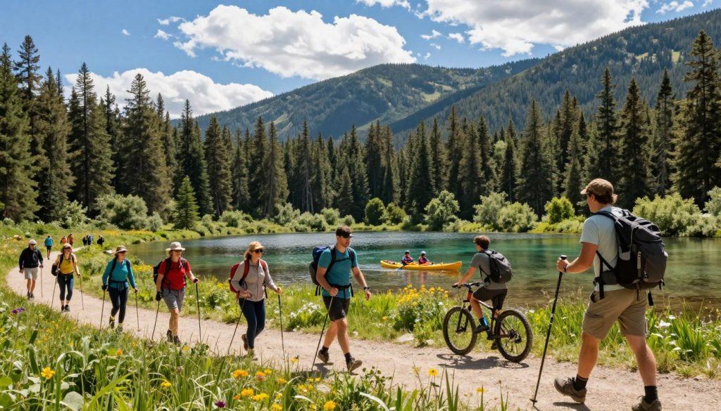 An exhilarating scene of active outdoor recreation in nature, highlighting various activities like hiking, kayaking, and mountain biking. In the foreground, a diverse group of people in modest casual clothing engage in hiking, some with backpacks and trekking poles. The middle ground features a crystal-clear lake where a family kayaks, surrounded by lush greenery and wildflowers. In the background, majestic mountains covered in pine trees rise under a bright blue sky dotted with fluffy white clouds. The sunlight filters through the trees, creating soft patches of light and shadow, imparting a warm and inviting atmosphere. The angle captures the vibrancy of nature, emphasizing the thrill of ecotourism and active outdoor adventures.