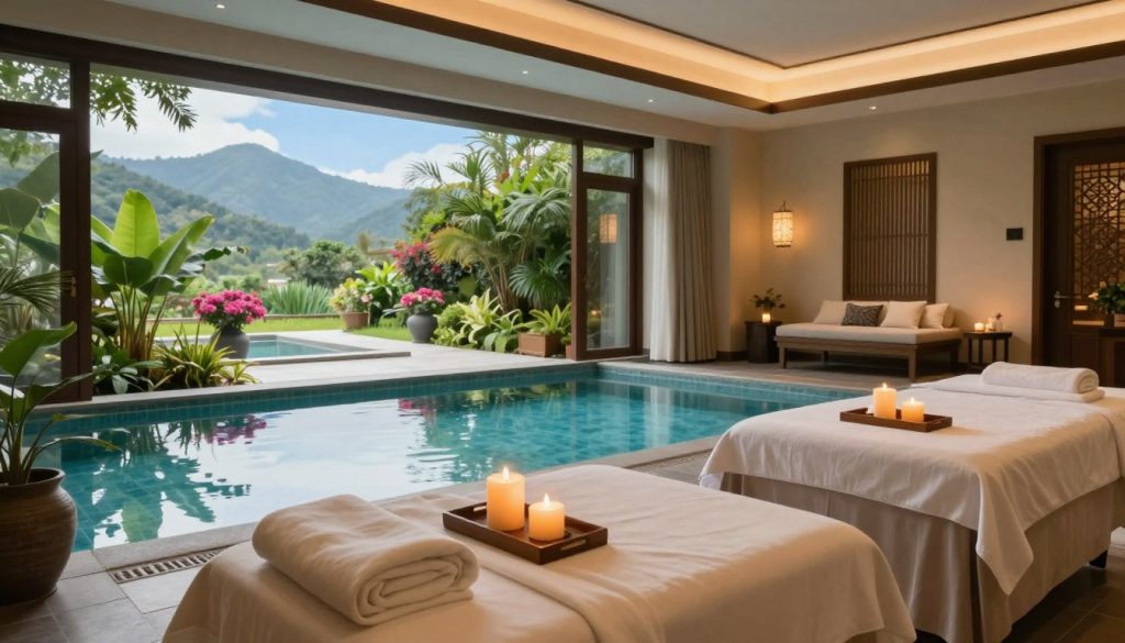 An inviting spa setting showcasing popular wellness destinations. In the foreground, a serene massage room equipped with soft, neutral-colored furnishings and calming candles, exuding tranquility. The middle ground features a tranquil indoor pool surrounded by lush greenery and elegant stonework, where light filters through large windows, creating soft reflections on the water. In the background, a picturesque outdoor spa area boasts scenic mountains and vibrant flowers, all under a bright blue sky. Capture the ambiance with gentle, diffused lighting suggesting a relaxing atmosphere. Use a wide-angle lens to emphasize the spaciousness and serenity of the environment, inviting viewers into this rejuvenating experience. The overall mood should be peaceful and restorative, ideal for relaxation and healing.