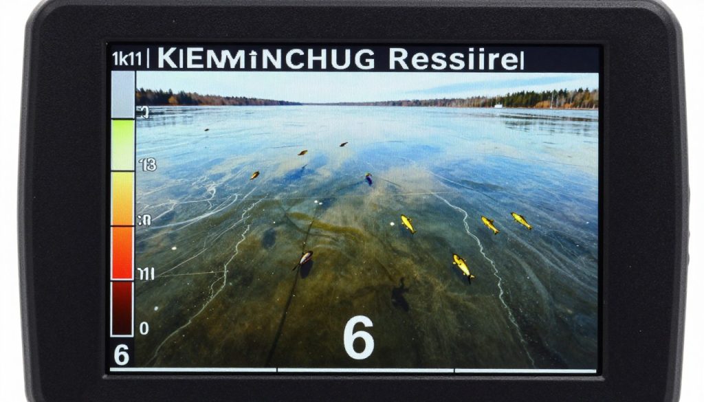 Эхолот показывает рельеф дна и скопление рыбы на Кременчугском водохранилище