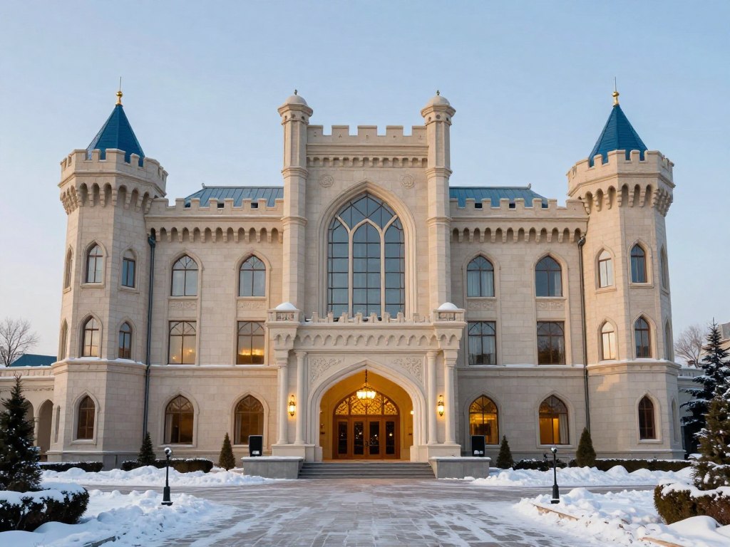 Фасад отеля Mardan Palace SPA Resort в зимнем оформлении