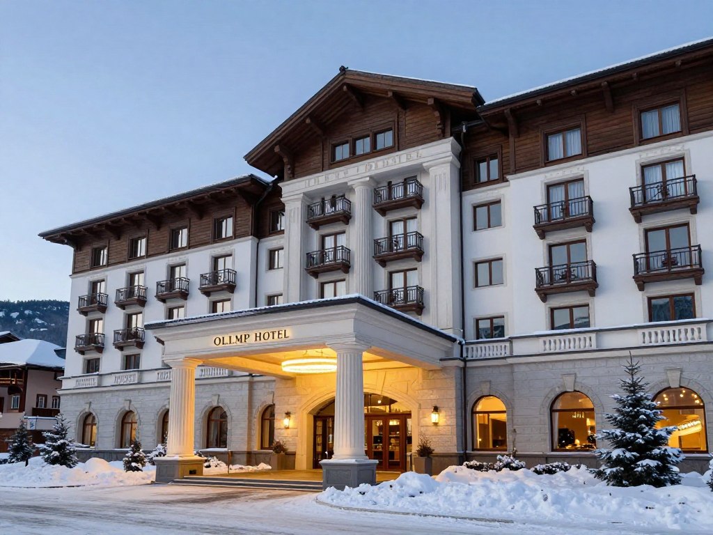 Фасад отеля Olimp Hotel в зимнем Буковеле