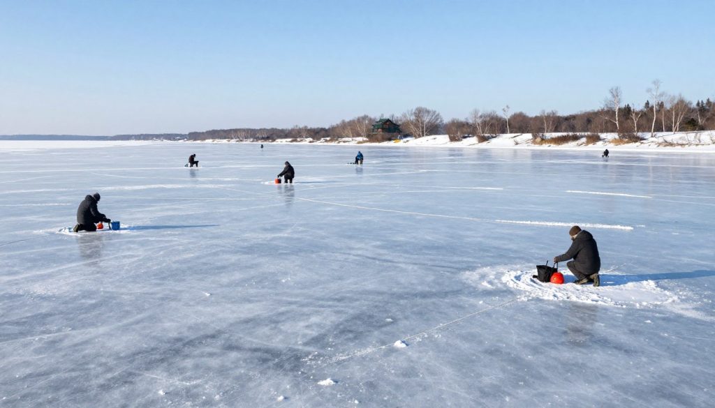 Frozen Kyiv Reservoir in winter 2026 with anglers fishing through ice holes
