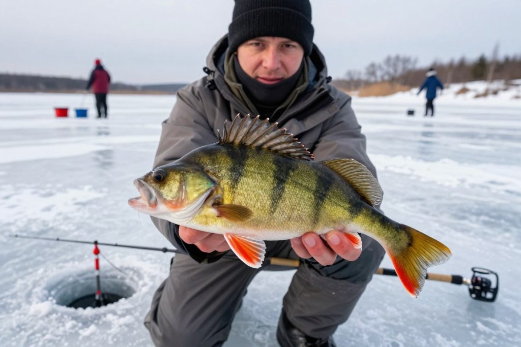 Ice fishing in Novi Petrivtsi Cove with perch catch displayed