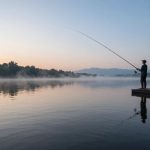 Рыбак на берегу озера на рассвете с удочкой, прогноз клева рыб 2026