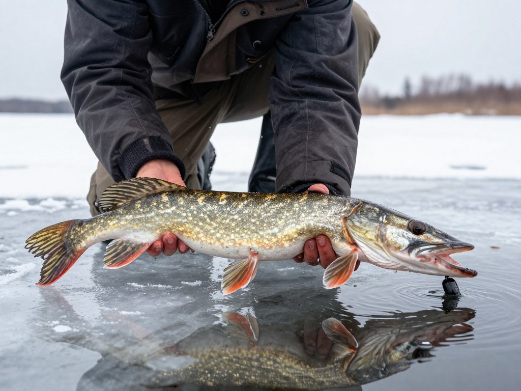 Рыбак соблюдает принцип catch & release, отпуская пойманную на жерлицу щуку