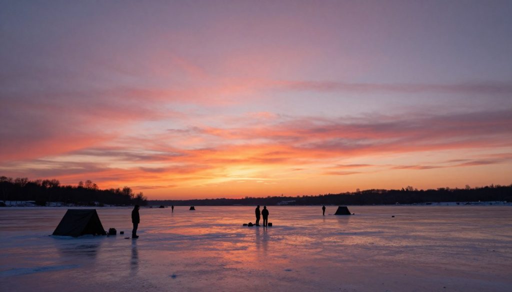Sunset over the frozen Kyiv Reservoir with silhouettes of ice fishermen