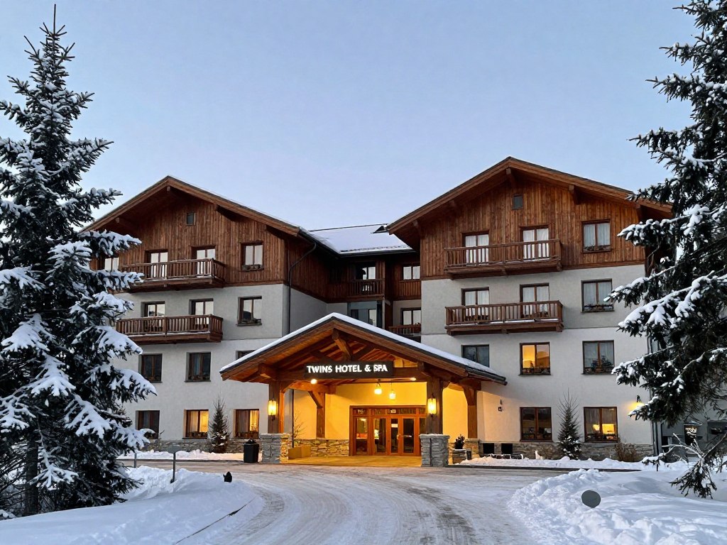 Внешний вид отеля Twins Hotel & Spa в зимнем Буковеле