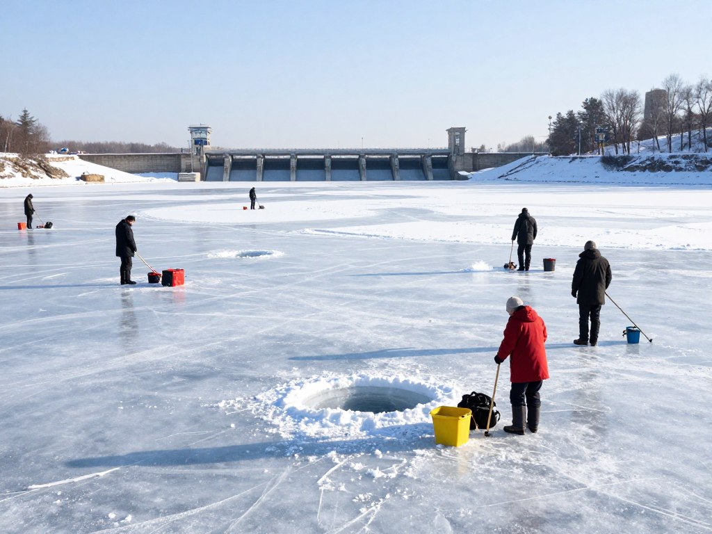 Winter fishing in Vyshhorod Bay with the dam visible in background