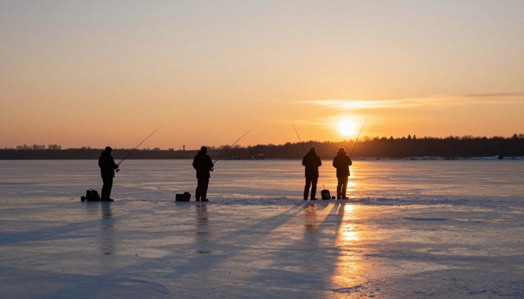 Закат на Кременчугском водохранилище во время зимней рыбалки