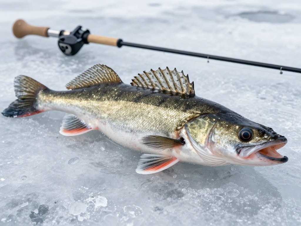 Zander (pike-perch) caught during winter fishing on Kyiv Sea