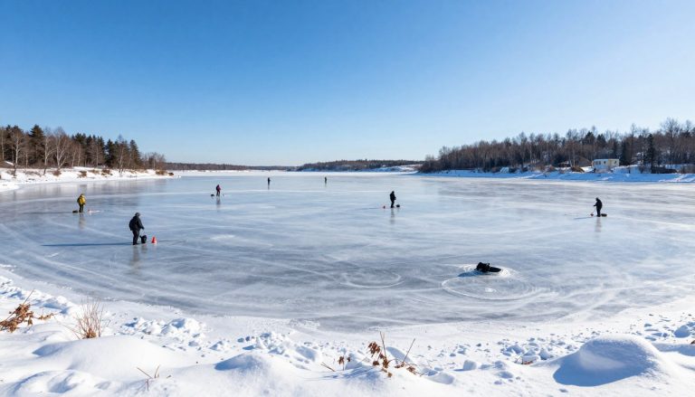 Зимняя рыбалка на Каневском водохранилище 2026 - панорамный вид замерзшего водоема с рыбаками