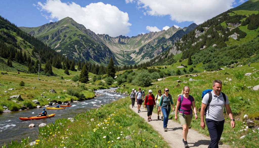A breathtaking view of the Carpathian Mountains during a sunny day, showcasing lush green valleys and rugged peaks. In the foreground, a group of people dressed in comfortable outdoor gear are hiking along a well-marked trail, their expressions filled with excitement and adventure. In the middle ground, a serene river winds through the landscape, with kayakers navigating its gentle rapids. The background features towering mountain ranges with patches of pine trees and wildflowers blooming along the trail. The lighting is bright and natural, with a few fluffy white clouds scattered across a blue sky, creating a vibrant and inviting atmosphere that captures the essence of active recreation in the Carpathians. A breathtaking view of the Carpathian Mountains during a sunny day, showcasing lush green valleys and rugged peaks. In the foreground, a group of people dressed in comfortable outdoor gear are hiking along a well-marked trail, their expressions filled with excitement and adventure. In the middle ground, a serene river winds through the landscape, with kayakers navigating its gentle rapids. The background features towering mountain ranges with patches of pine trees and wildflowers blooming along the trail. The lighting is bright and natural, with a few fluffy white clouds scattered across a blue sky, creating a vibrant and inviting atmosphere that captures the essence of active recreation in the Carpathians.