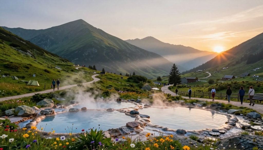 A breathtaking view of the Carpathian Mountains during golden hour, showcasing lush green valleys and rugged peaks. In the foreground, a serene thermal spa with naturally steaming pools, surrounded by vibrant wildflowers. The middle ground features a winding hiking trail, where modestly dressed tourists explore the scenic beauty, capturing the essence of relaxation and adventure. The background reveals majestic mountain ranges, partially shrouded in soft mist, with the warm glow of the setting sun casting a magical light over the landscape. The atmosphere is tranquil, evoking a sense of peace and connection with nature, with soft, diffused lighting enhancing the colors of the environment. The image should focus on the harmonious beauty of the natural surroundings and the inviting allure of wellness in the Carpathians.