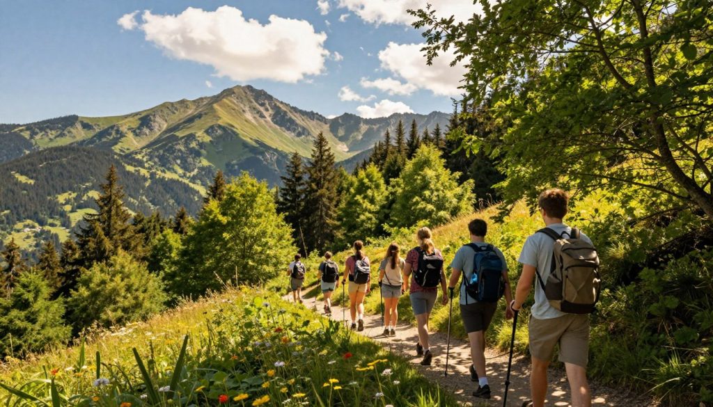 A breathtaking view of the Carpathian Mountains during summer, showcasing a vibrant scene of active leisure. In the foreground, a group of young travelers in modest, casual clothing is engaged in hiking, with backpacks and trekking poles. The middle ground features lush greenery, wildflowers, and a narrow trail winding through the dense forest. In the background, majestic peaks rise against a clear blue sky, with fluffy white clouds scattered above. Soft, golden light filters through the leaves, creating dappled shadows on the ground, evoking a warm and inviting atmosphere. The overall mood is one of adventure, exploration, and connection with nature, perfect for ecotourism. Camera angle from slightly above, capturing both the hikers and the stunning landscape.